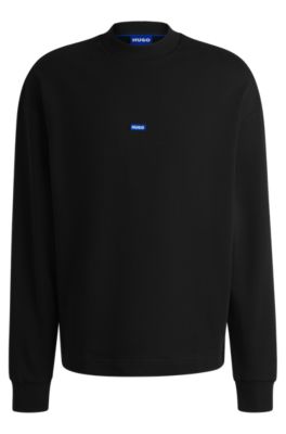 Shop Hugo Cotton-terry Sweatshirt With Blue Logo Label In Black