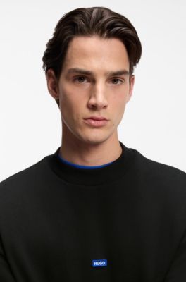 Sudadera de felpa de algod&oacute;n con parche de logo azul, Negro