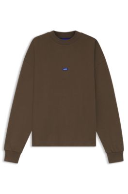 Cotton-terry sweatshirt with blue logo patch, Dark Brown