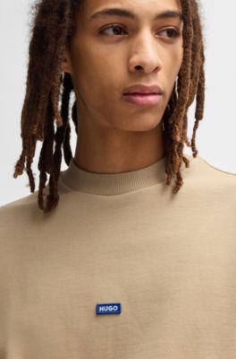 Sudadera de felpa de algod&oacute;n con parche de logo azul, Beige