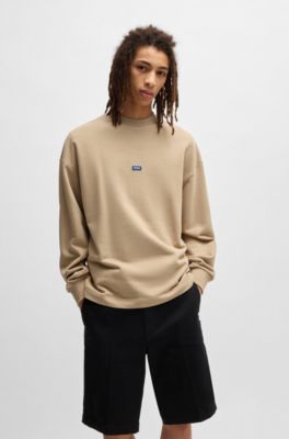 Cotton-terry sweatshirt with blue logo patch, Beige