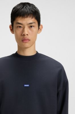 Sweat en molleton de coton avec &eacute;tiquette logot&eacute;e bleue, Bleu fonc&eacute;