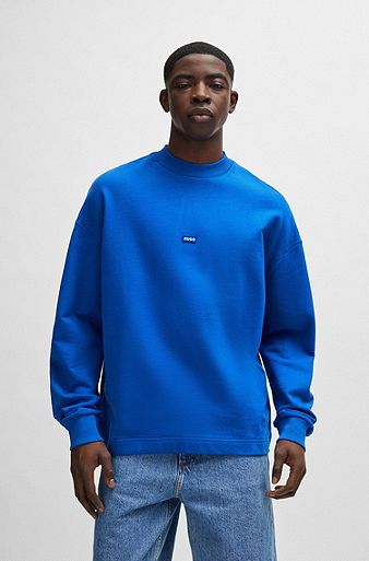 Cotton-terry sweatshirt with blue logo label, Light Blue