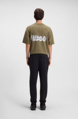 Cotton-terry tracksuit bottoms with Happy HUGO, Black