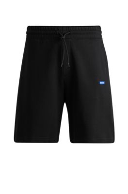 Hugo Cotton-terry Shorts With Blue Logo Patch In Black