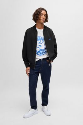 Cotton-terry zip-up sweatshirt with blue logo label, Black