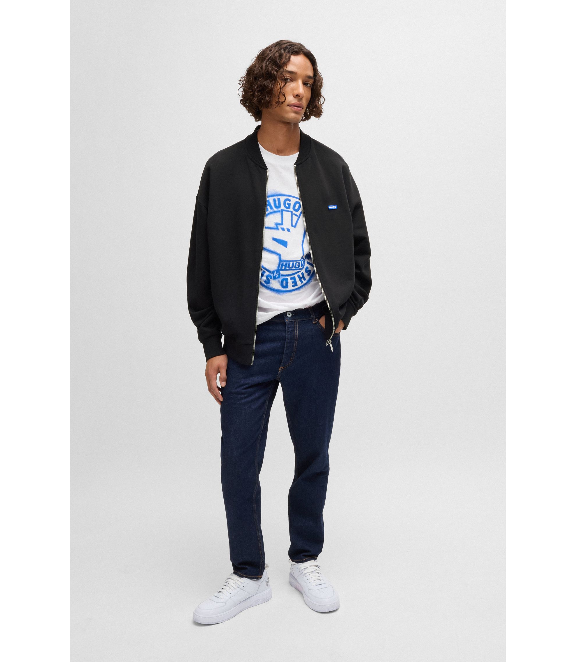 トップス boss HUGO - Cotton-terry zip-up sweatshirt with blue logo label - Black