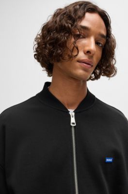 Cotton-terry zip-up sweatshirt with blue logo label, Black