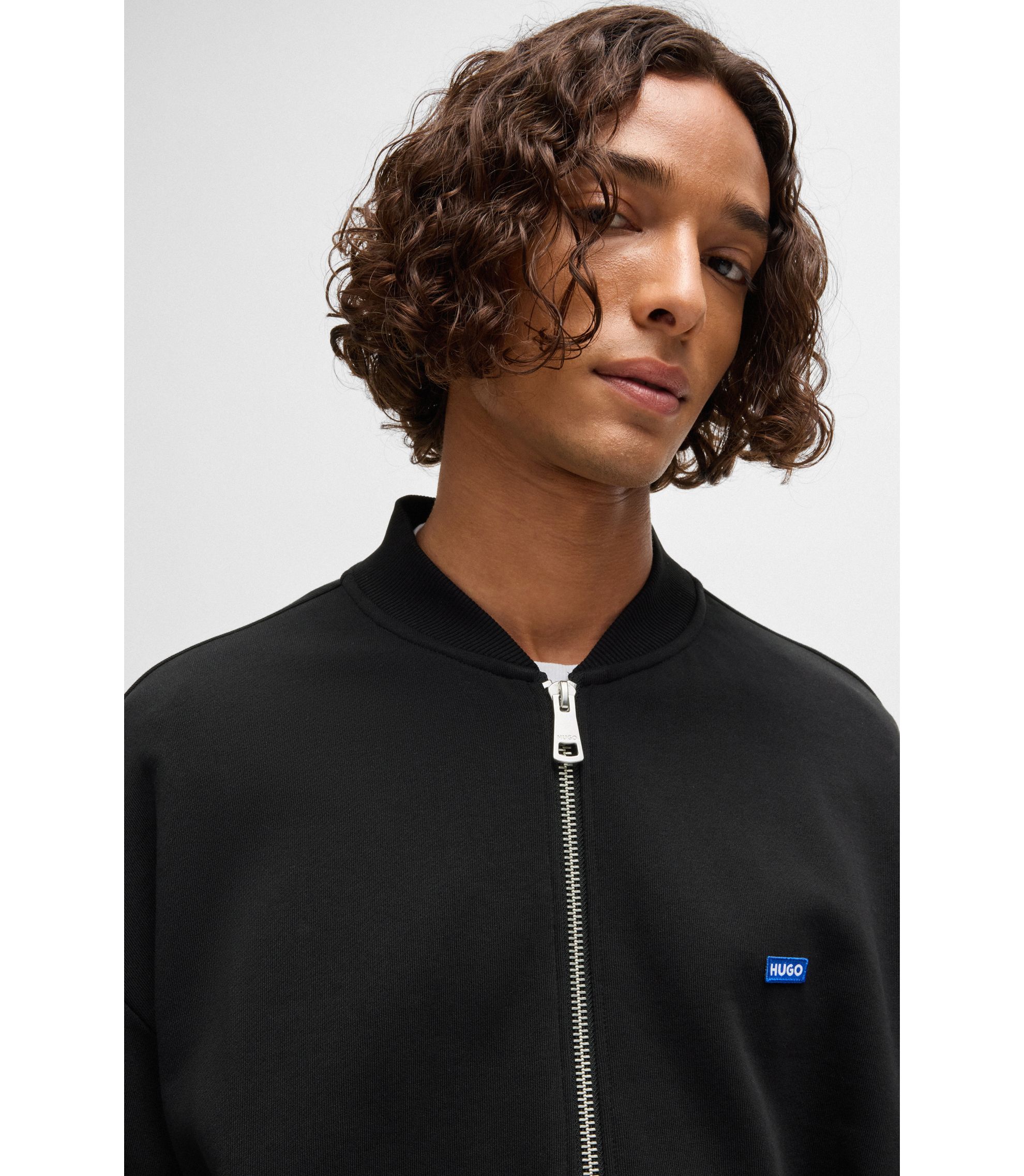 HUGO - Cotton-terry zip-up sweatshirt with blue logo label - Black