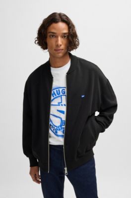 Cotton-terry zip-up sweatshirt with blue logo label, Black