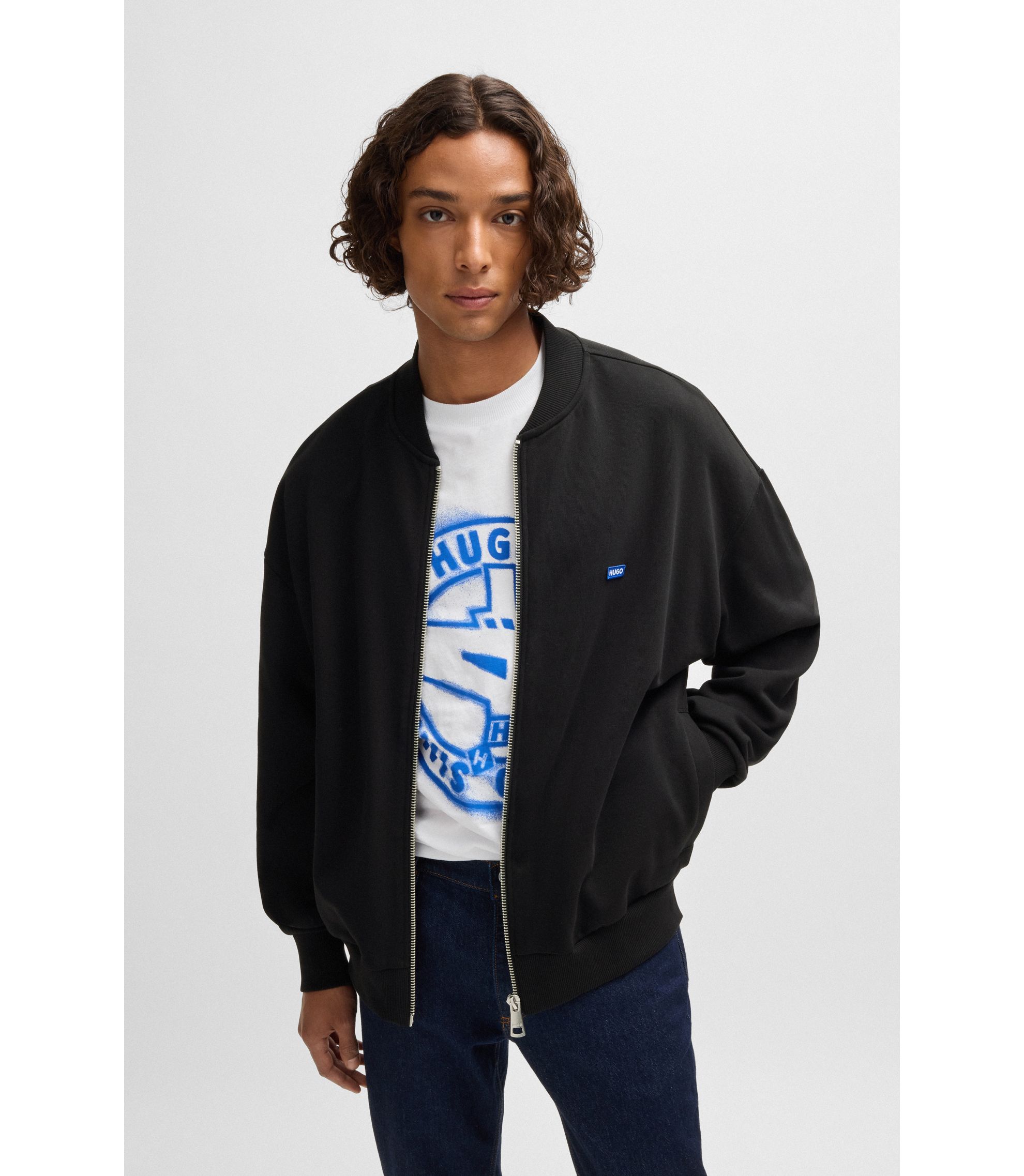 トップス boss HUGO - Cotton-terry zip-up sweatshirt with blue logo label - Black