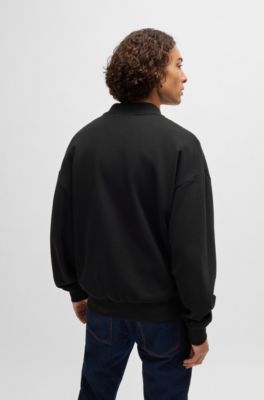 Cotton-terry zip-up sweatshirt with blue logo label, Black