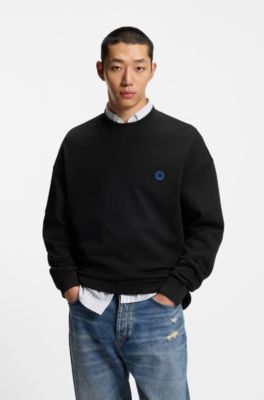 Cotton-terry sweatshirt with Happy HUGO, Black