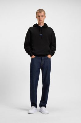 Prenda con capucha de felpa de algod&oacute;n con parche de logo azul, Negro