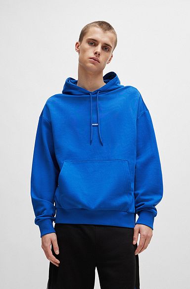 Cotton-terry hoodie with blue logo label, Light Blue
