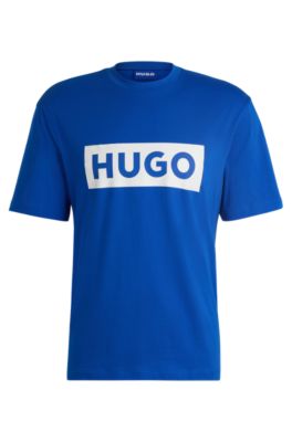 HUGO Cotton jersey T shirt with blue logo Light Blue