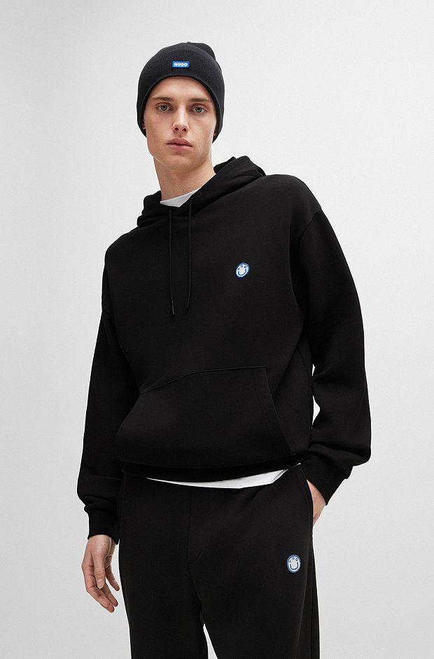 Cotton-terry hoodie with smiley-face logo, Black