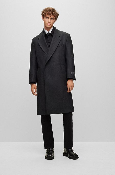 Men's Wool Coat, Black Hooded Modern Fit with Zip