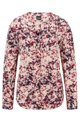 Hugo Boss Floral-print Blouse In Satin With Notch Neckline In Patterned