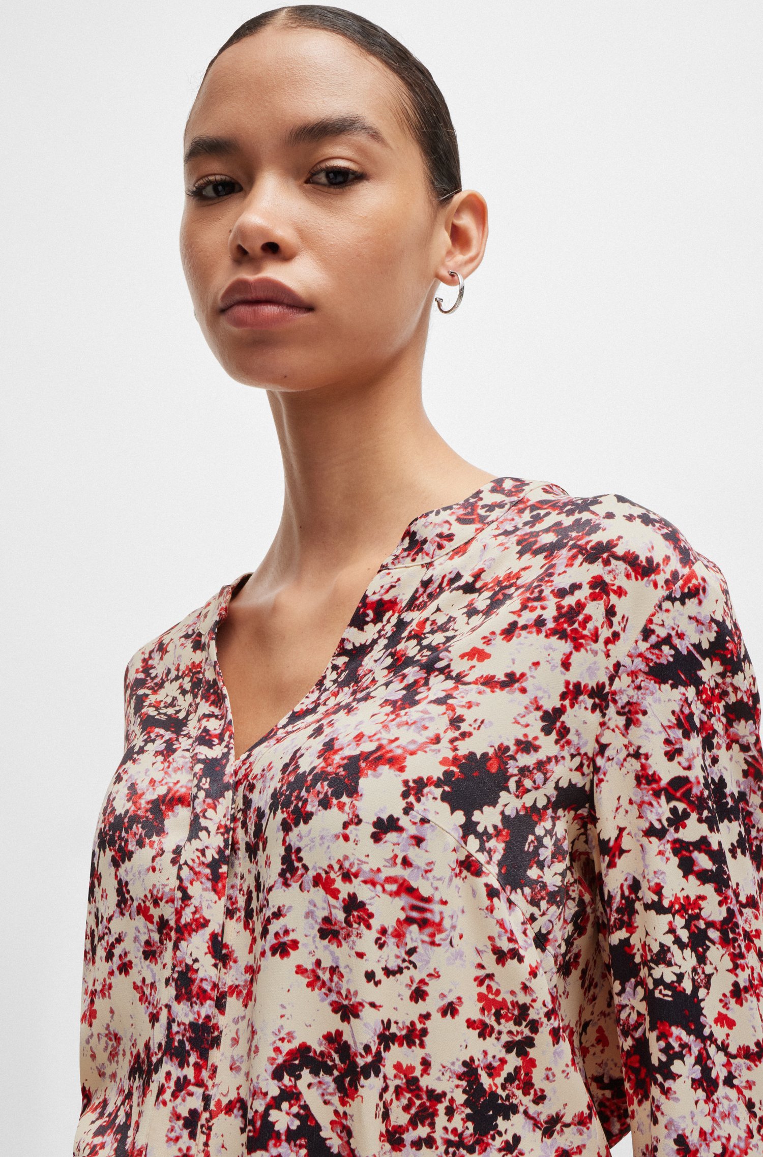 Floral-print blouse satin with notch neckline
