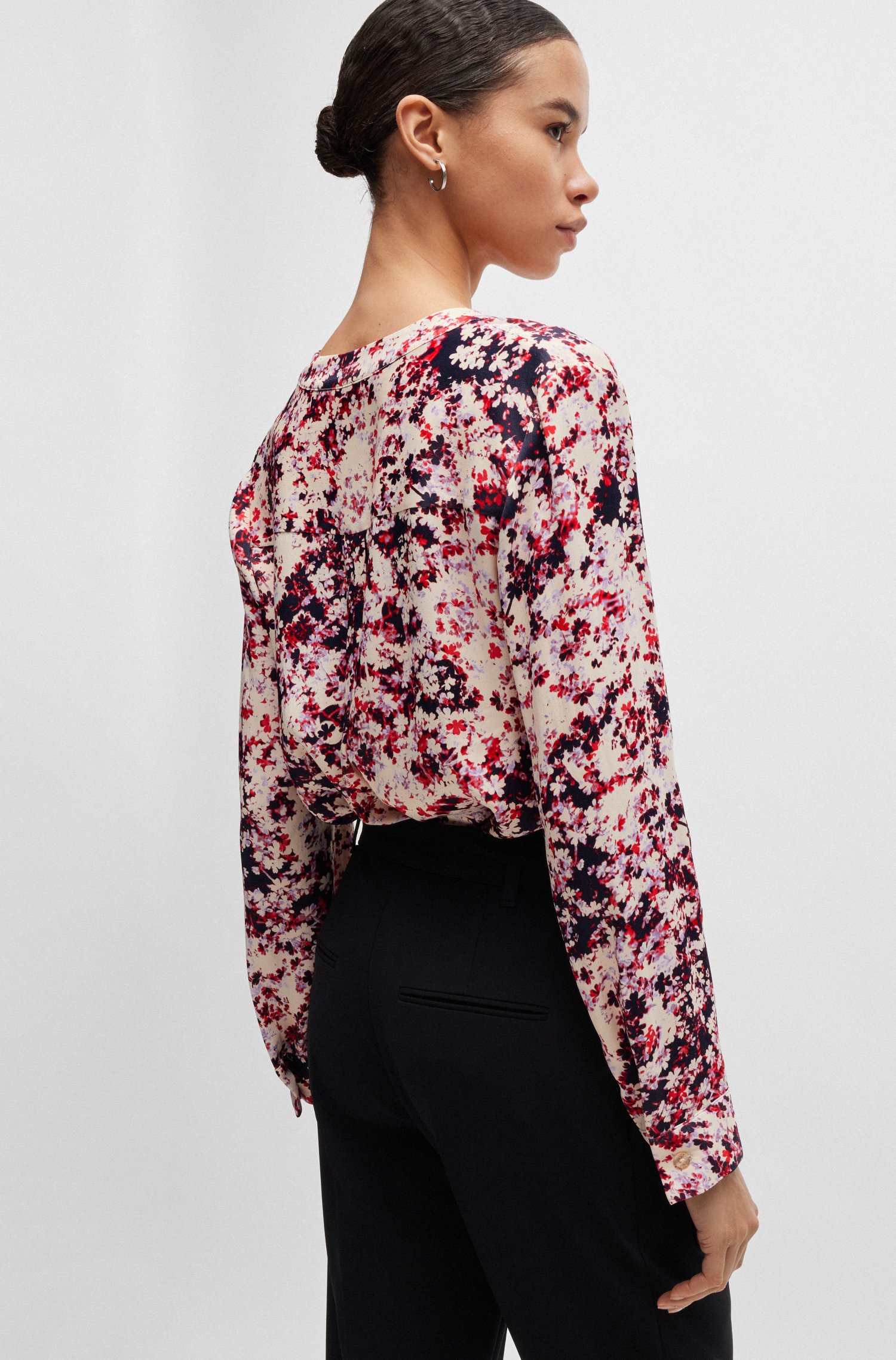 Floral-print blouse satin with notch neckline