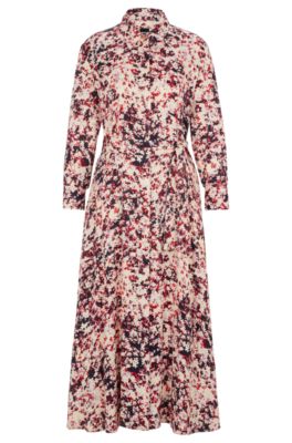 Hugo Boss Long-sleeved Shirt Dress In Floral-print Satin In Patterned