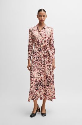 Long-sleeved shirt dress in floral-print satin, Patterned