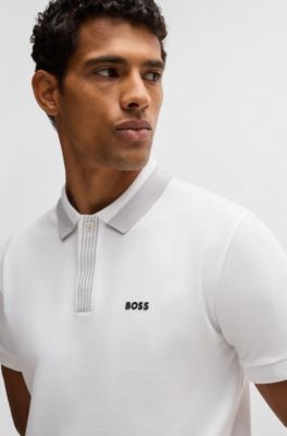 Stretch-cotton polo shirt with contrast logo, White