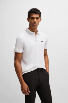 Stretch-cotton polo shirt with contrast logo, White