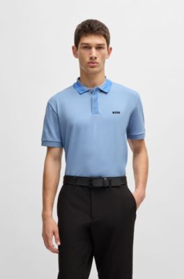 Polo de algod&oacute;n el&aacute;stico con logo en contraste, Celeste