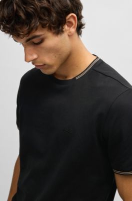 Camiseta regular fit de algod&oacute;n el&aacute;stico con logo en contraste, Negro