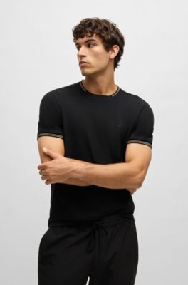 Camiseta regular fit de algod&oacute;n el&aacute;stico con logo en contraste, Negro