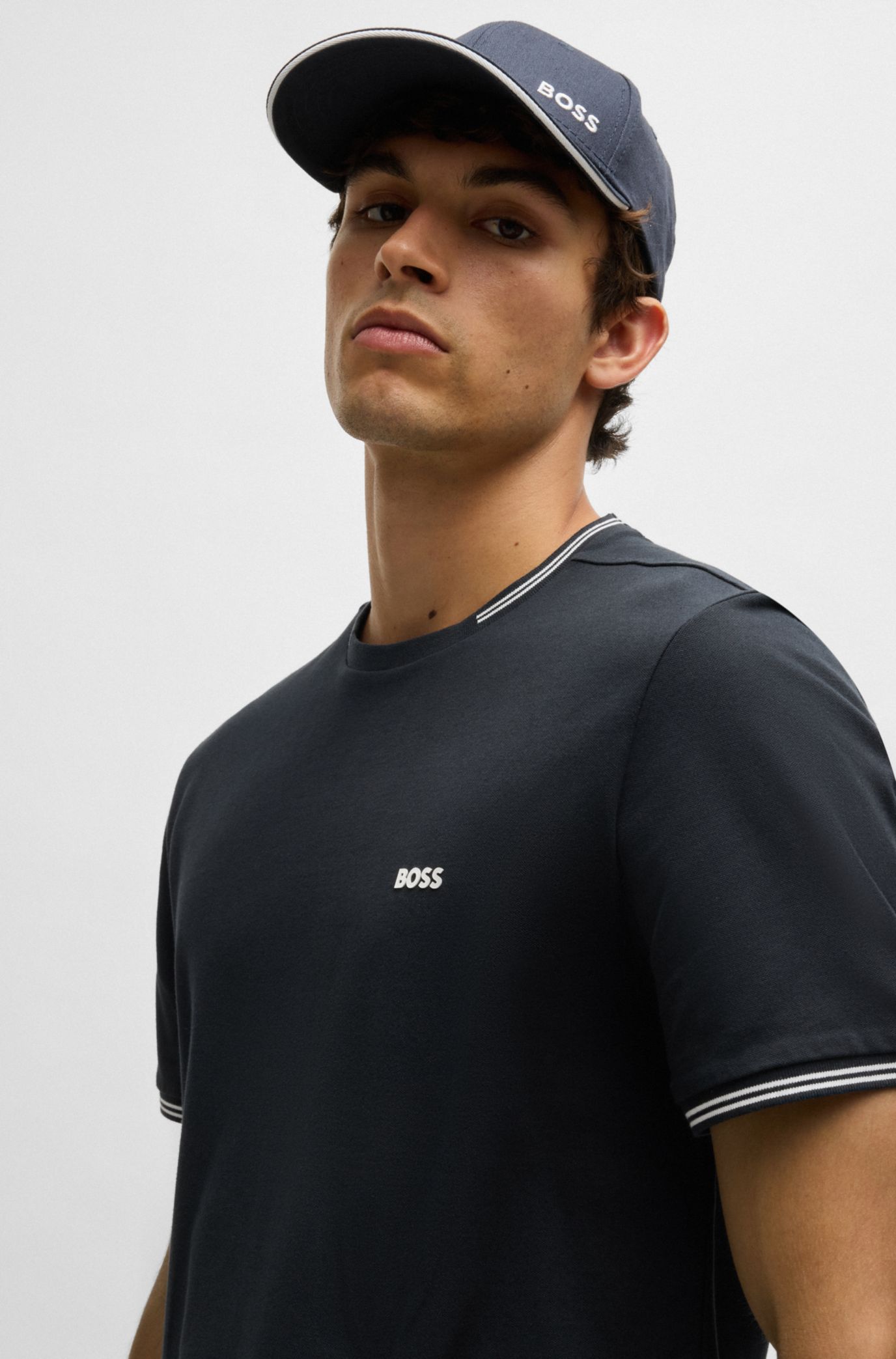BOSS - Stretch-cotton regular-fit T-shirt with contrast logo