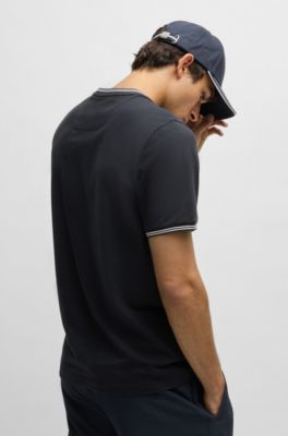 Camiseta regular fit de algod&oacute;n el&aacute;stico con logo en contraste, Azul oscuro