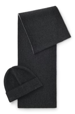 Coffret cadeau avec bonnet et &eacute;charpe en maille bicolore, Noir