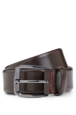 Italian-leather belt with branded buckle, Dark Brown