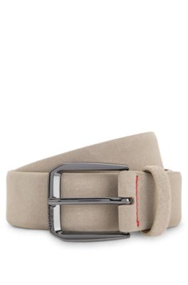Italian-suede belt with angular logo buckle, Khaki