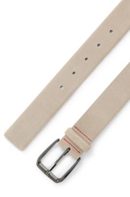 Italian-suede belt with angular logo buckle, Khaki