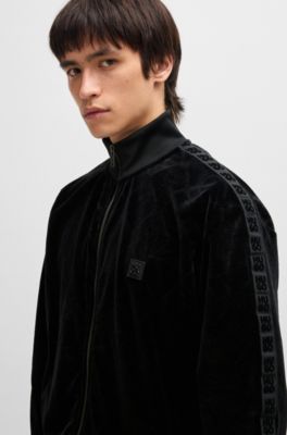 Relaxed-fit stretch-velvet sweatshirt with signature chain pattern, Black