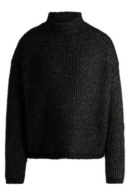 Hugo Boss Funnel-neck Sweater With Rice-corn Structure In Black
