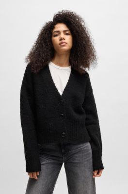 Cardigan Oversize &agrave; encolure en V et longueur raccourcie, Noir