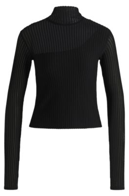 Hugo Boss Ottoman-structure Top With Sheer And Opaque Details In Black