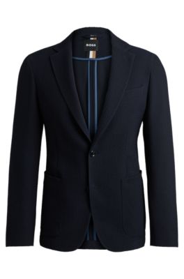 Chaqueta slim fit en tejido de sirsaca de mezcla de lana, Azul oscuro