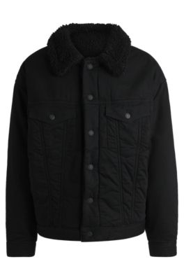 Reversible trucker jacket in black denim with teddy collar, Black