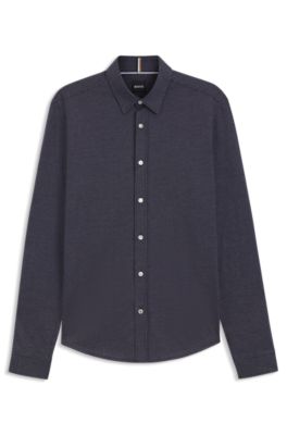 Chemise Slim Fit en jersey de coton structur&eacute;, Bleu fonc&eacute;