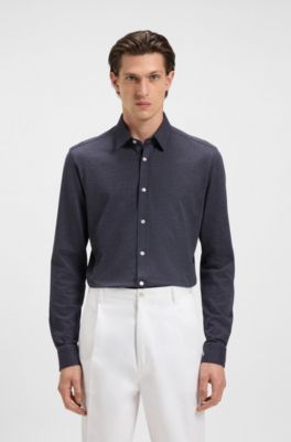 Chemise Slim Fit en jersey de coton structur&eacute;, Bleu fonc&eacute;