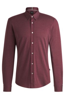 Camisa slim fit de punto de algod&oacute;n estructurado, Rojo oscuro