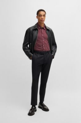 Camisa slim fit de punto de algod&oacute;n estructurado, Rojo oscuro