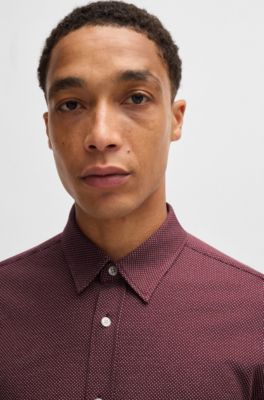 Camisa slim fit de punto de algod&oacute;n estructurado, Rojo oscuro