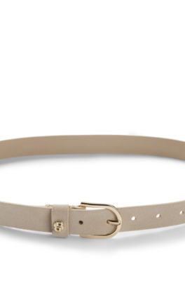 Cintur&oacute;n de ante con monograma Double B en tono dorado, Beige claro